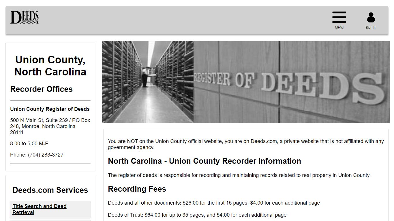 Union County Recorder Information North Carolina - Deeds.com
